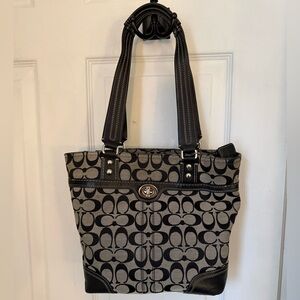 Authentic COACH Signature Black Jacquard Hobo Bag with Leather Trim